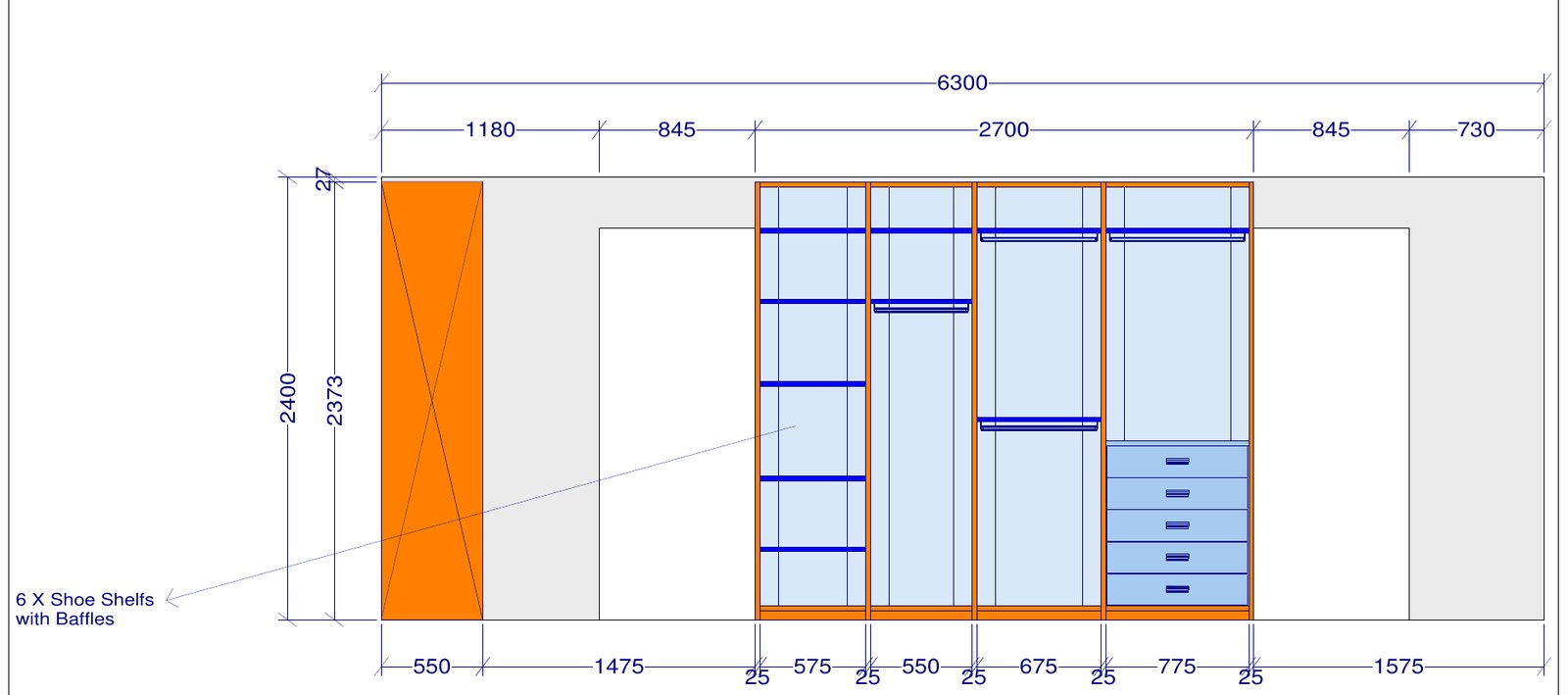 Large walk-in wardrobe design drawing